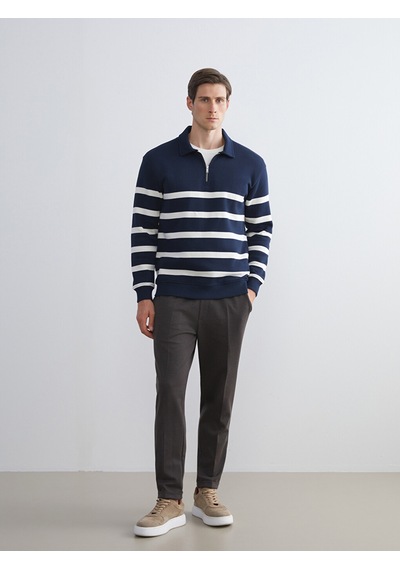 Lcw Vision Lacivert Polo Yaka Uzun Kollu Çizgili Erkek Sweatshirt