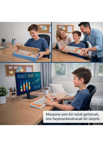 Kablosuz Klavye Mouse Seti Kedi Temalı Sessiz Turuncu Beyaz Retro Tablet Laptop Pc Uyumlu Optik