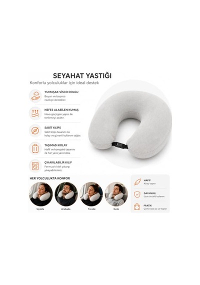 U Tipi Seyahat Yastığı Visco Boyun Yastığı Klipsli Hafızalı Sünger, Çıkarılabilir Yıkanabilir Kılıf, Uça
