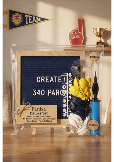Sarı Lacivert Taraftar Süsleme Deluxe Set Siyah Keçe Yazı Panosu Standlı Balon Zincirli 7li Şeffaf Balon Standlı Set 3+ Yaş