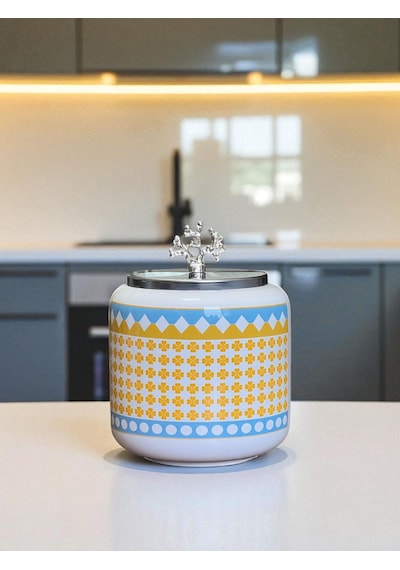Kahve Köşesi - 1.4 L Geometrik Yonca Baharatlık Gümüş Mavi