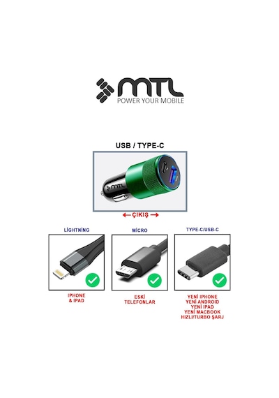 Araç Şarj Aleti Çakmaklık 38w Lightning Type-c + Usb Çift Portlu - Qualcomm Qc 4.0 Desteği Mt-a1834 Yeşil İle Uyumlu