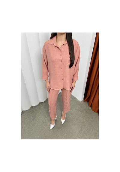 Meecy Kadın İkili Keten Gömlek Pantolon Alt Üst Takım İpli Pembe Pembe