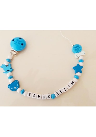 İsimli Emzik Zinciri - Emzik Askısı - Bebek Bez077 Krem