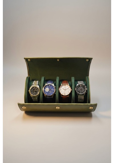 4 Lü Deri Saat Kutusu Silindir Tasarım Taşınabilir Saat Saklama Organizer 24x11x7 Cm Haki