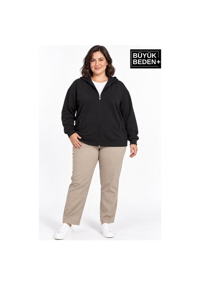Süperlife Kadın Büyük Beden Fermuarlı Kapüşonlu Cepli Sweatshirt Hırka Rahat Kalıp Spr26bhrk961 Siyah