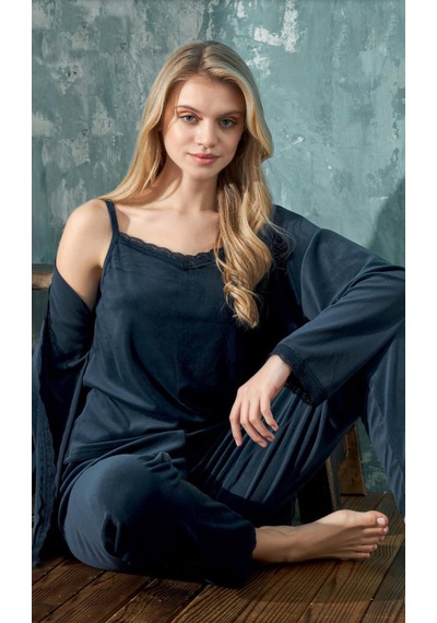 Cotonhause Kadın 3'lü Kadife Lacivert Pijama Takımı C1t3n402-1 001