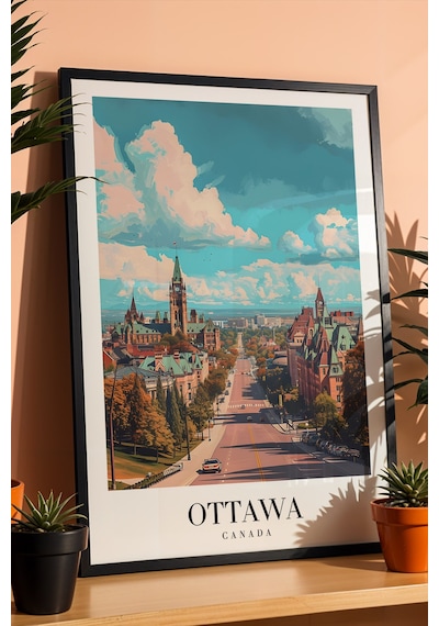 Ottawa Canada Vintage Seyahat Posteri Çerçeveli Tablo - Premium Kanada Şehir Elit Duvar Dekoru Siyah