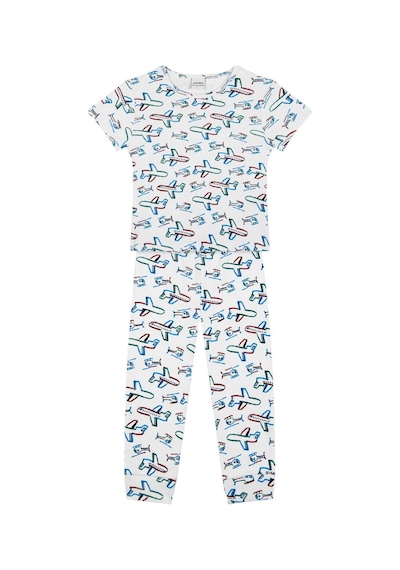 Antebies Organik Beyaz Uçak Desenli Beli Lastikli Kısa Kollu Erkek Çocuk Pijama Takımı Mavi