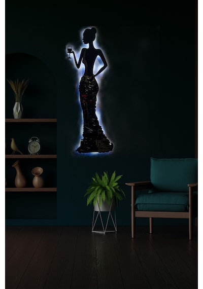 Yarım Aynalı Işıklı Kadeh Tutan Kadın Temalı Tablo Bloom Dekoratif Gece Lambası Beyaz - 742967944 Beyaz