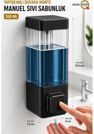 Mainshop 1 Adet Yapışkanlı Duvara Monte Banyo Ve Mutfak Manuel Sıvı Sabunluk 350 Ml Doldurulabilir M-53