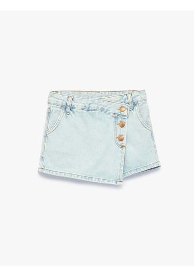Koton Düğmeli Cepli Normal Bel Pamuklu Jean Şort Etek Lıght Indıgo 6skg40132ad Açık Mavi