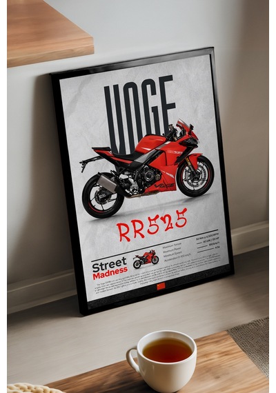 Voge Rr525 Siyah Ahşap Çerçeveli Poster, Dekoratif Motosiklet Duvar Tablosu