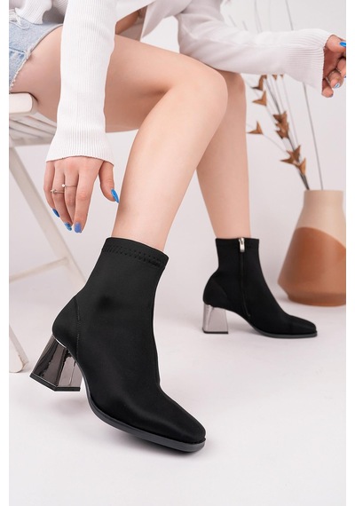 Nesilshoes Nesil Shoes Senyo 625 Siyah Saten Strech Ayna Topuklu Kadın Bot