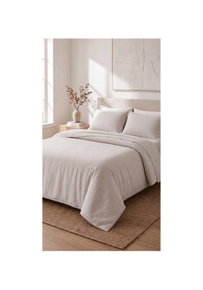 %100 Pamuk Keten Çift Kişilik Nevresim Takımı Lastikli Çarşaflı 200x220 Cm Taş Rengi - 904806307 Taş Rengi