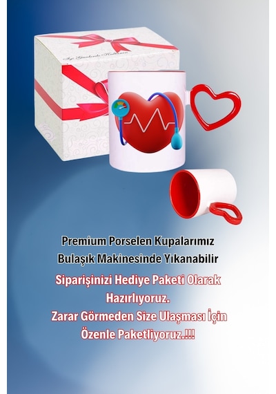 Kalp Ritmi Baskılı Kalpli Kırmızı Kupa Bardak Çay Kahve Fincanı Beyaz