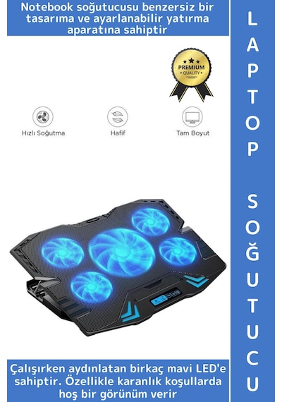 Premium Süper Güçlü 5 Fan Notebook Dizüstü Bilgisayar Rgb Işıklı Ayarlanabilir Laptop Soğutucu Fan