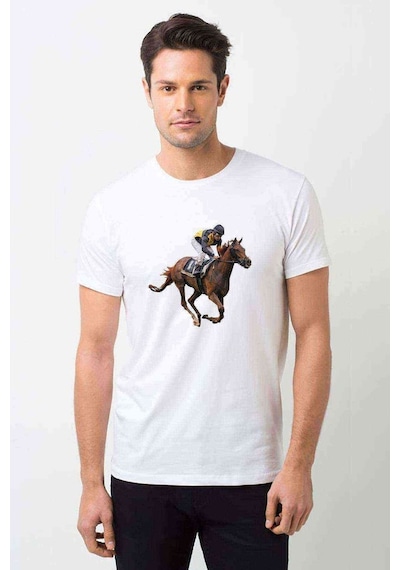 At Yarışı Jokey Baskılı Beyaz Erkek Tshirt