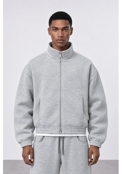 Respire Erkek Crop Fit Panda Oversize Zip Gri Melanj