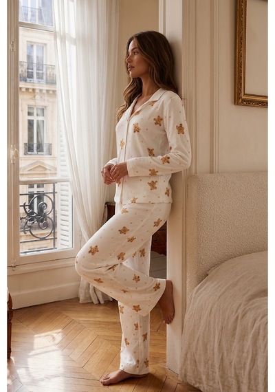 Fit Women Kadın Gömlek Yakalı Rahat Ev Giyimi Beyaz Pijama Takımı