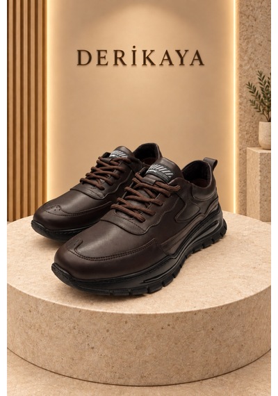 Deri Kaya Erkek Kalın Taban Bağcıklı Günlük Sneaker Spor Ayakkabı Kahverengi