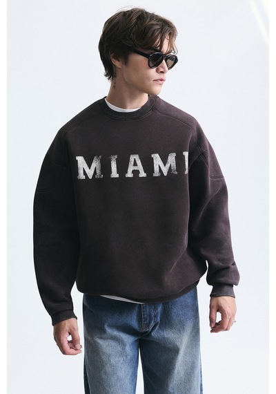 Vamos Miami Baskılı Bisiklet Yaka Sweatshirt Kahve