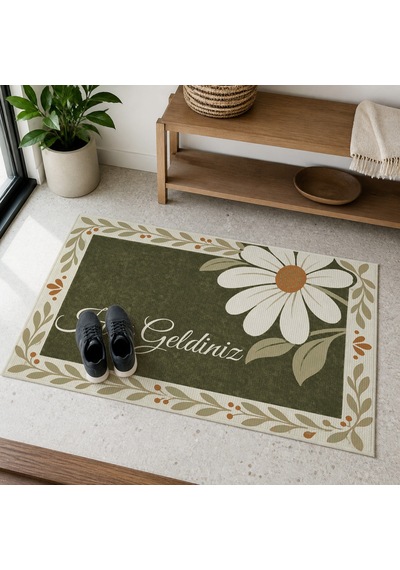 Kartela Halı Hoş Geldiniz Yazılı Papatyalı Kapı Paspası Zeytin Kaymaz Kauçuk Taban 50x75 Cm