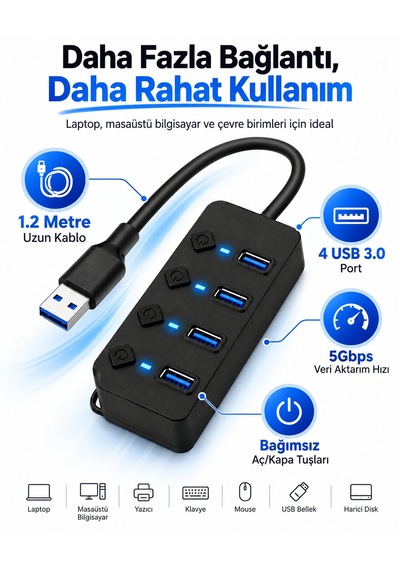 4 Port Usb 3.0 Hub 1.2 Metre Kablolu, Bağımsız Aç/kapa Tuşlu, Adaptör Destekli