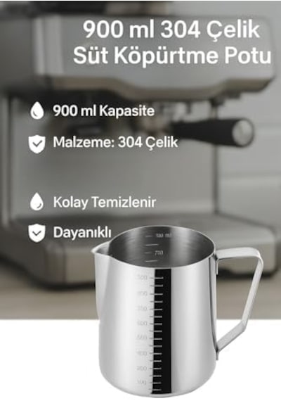 304 Çelik 900 Ml Kahve Süt Köpürtme Potu Sütlük Pitcher Cin504