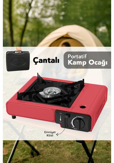 Portatif Kamp Ocağı - Taşıma Çantalı Gazlı Stop Emniyetli Ocak 34x28x11 Cm Kırmızı Kırmızı
