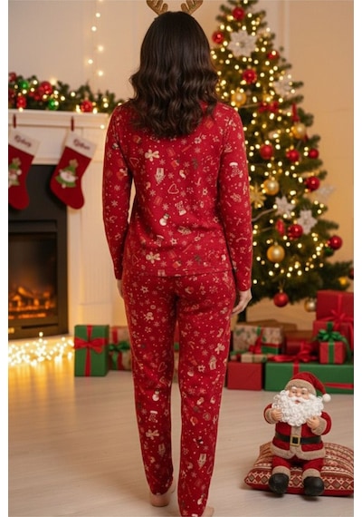Siyah İnci Yumuşak Dokulu Süet Örme Pijama Takım 7983 Kırmızı