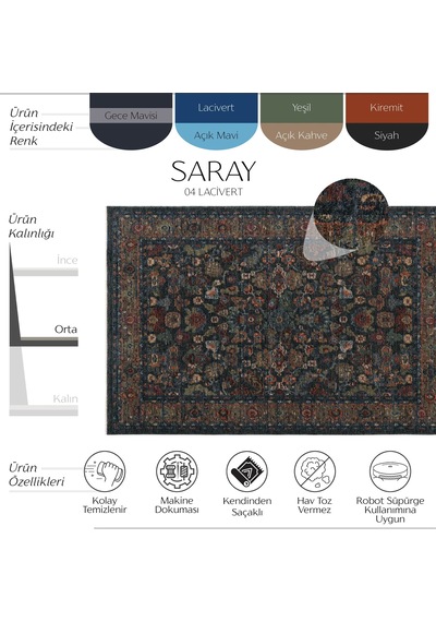 Cool Halı Saray Lacivert Vintage Etnik Çiçek Motifli Soft Çerçeveli Bohem Oturma Odası Salon Halısı