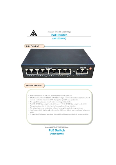 Anunnaki An1028mn 8 Port Poe Switch 120w 2 Uplink 250m Extend Ip Kamera Uyumlu Aı Watchdog