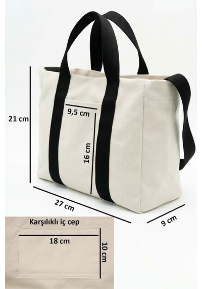 Tuttobene Harmony Mini Boy Tote Bag Kanvas Astarlı Cepli Çıtçıtlı Ayarlanabilir Askılı Kadın El Omuz Çantası - Küçük Boy Günlük Çanta Tb062 Beyaz - Siyah