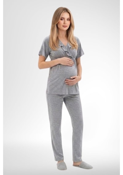 Mecit Pijama Mecit 6403 Gri Sabahlıklı Lohusa Pijama Takımı