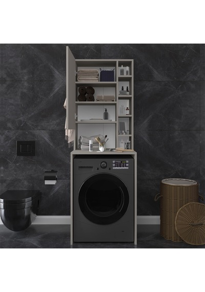 Asra Trend Çamaşır Makinesi Üstü Banyo Dolabı BD-02 %100 MDF Kapaklı Organizer Raf Kül Gri