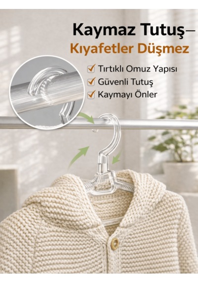 Beylini 6'lı Kristal Askılık Çocuk Kıyafetleri İçin Dayanıklı Şeffaf Plastik Elbise Gömlek Kancalı Askı Beyaz