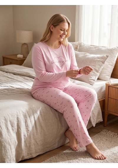 Pijamoni Battal Milan Uzunkol Pijama Takım 7666 Pembe