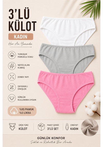 Nicoletta Kadın Külot 3 Lü Paket Likralı Pamuklu Pembe
