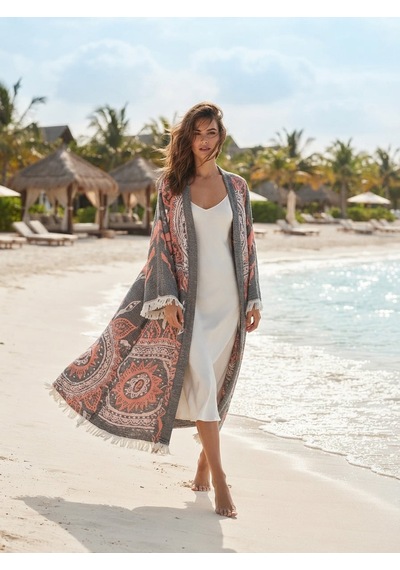 Brandsmiths Grey- Orange Mandala Kimono Sarı