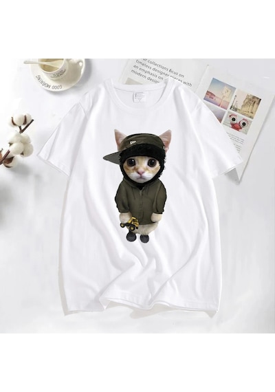 Flood Of Style Tonka T Shirt İle Yeat Kitty Erkekler Komik Sevimli Kedi Grafik Tee % Baskılı Tişört Pamuk Te Beyaz