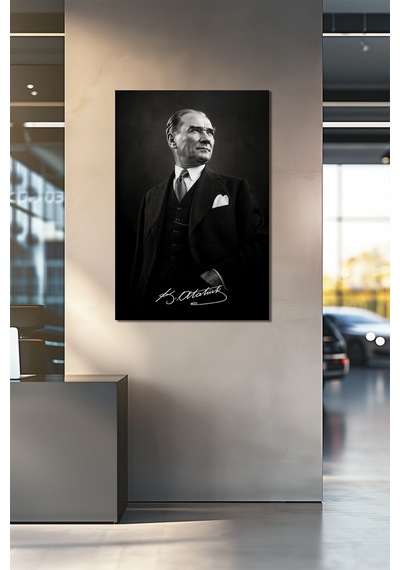 Atatürk İmzalı Siyah Beyaz Cam Tablo Modern Prestij Uv Baskı Duvar Dekoru