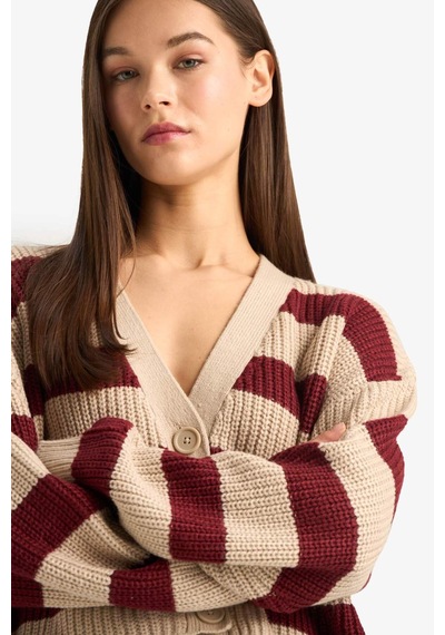 Defacto Regular Fit V Yaka Çizgili Triko Hırka Z8539az25wnbg644 Bej