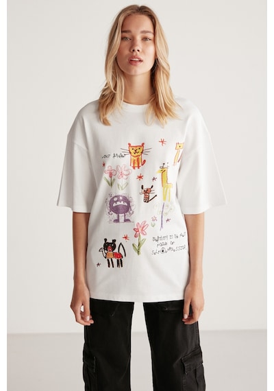 Grımelange Mıllıe Kadın %100 Organik Pamuklu Oversize Kalıp Bol Kesim Baskı Ve Nakış Detaylı Beyaz T-shirt