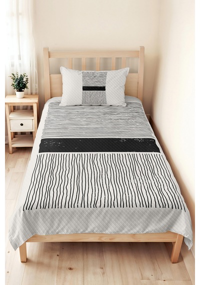 Siyah Çizgili Geometrik Genç Odası Tek Kişilik Pike Takımı - Modern 160x220 Cm Kapitone Yatak Örtüsü Keten Kuşluk Uyumu