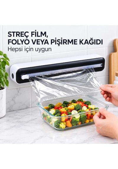 Streç Film Ve Folyo Kesme Aparatı - Duvara Monte Ve Tezgah Üstü Kullanım - Entegre Kesicili Mutfak Dispenseri - Manyetik Sabitleme - 35 X 8 Cm - Siyah Beyaz Ahşap - Siyah