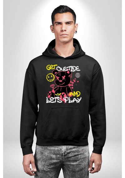 Dışarı Çık Ve Oynayalım Teddy Kadın Erkek Siyah Kapüşonlu Sweatshirt Hoodie Siyah