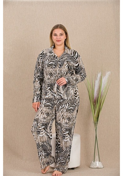 Aria's Closet Arias Closet Büyük Beden Çizgili Düğmeli Uzun Kol Viskon Pijama T Çok Renkli