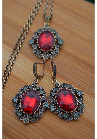 Stoneage Yakut ve Zirkon Taşlı Kolye ve Küpe Set  Takım
