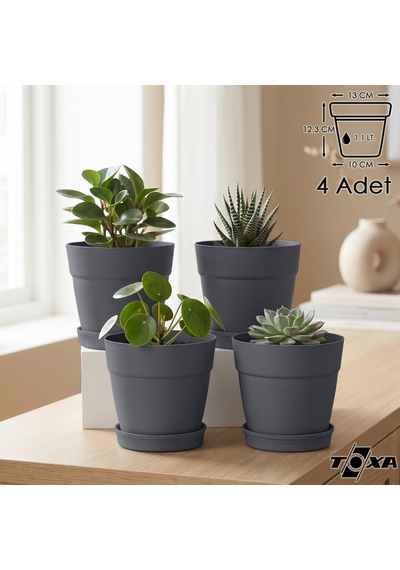 Tabaklı Delikli Plastik Çiçek Saksısı, 13 Cm 1.1 Lt, 4 Adet, Antrasit Diğer